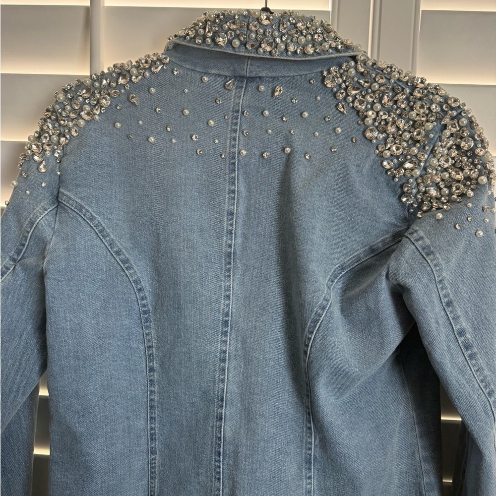 Boston Proper Light Blue Denim Jacket with Pearl & Crystal Embellishment - Picture 3 of 4